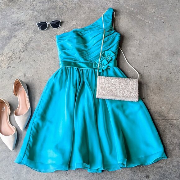 DaVinci Teal One Shoulder Floral Applique Chiffon Short Bridesmaid Dress - Picture 1 of 9
